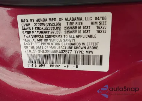 2006 Honda Odyssey Ex-L z USA, uszkodzony, nr VIN 5FNRL38666B432577
